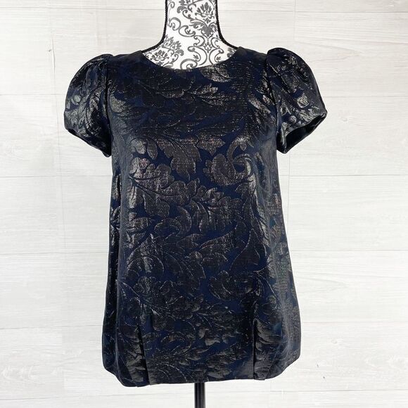 Tibi Brocade Metallic Floral Print Puff Capped Sleeve Top - Picture 1 of 7